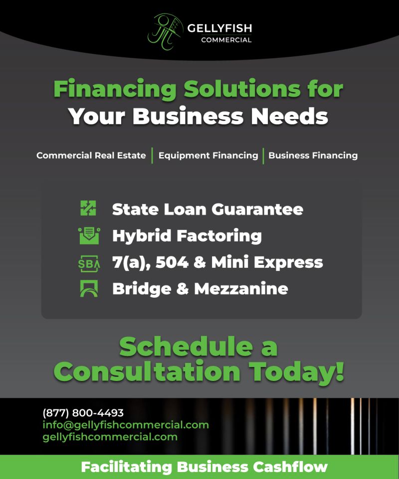 Graphic that reads "Financing solutions for your business needs. State Loan Guarantee, Hybrid Factoring, 7(a), 504 &amp; Mini Express, Brige &amp; Mezzanine"
