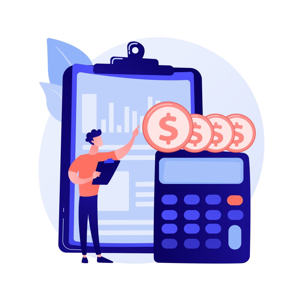 Illustration shows man with calculator and coins with dollar signs.