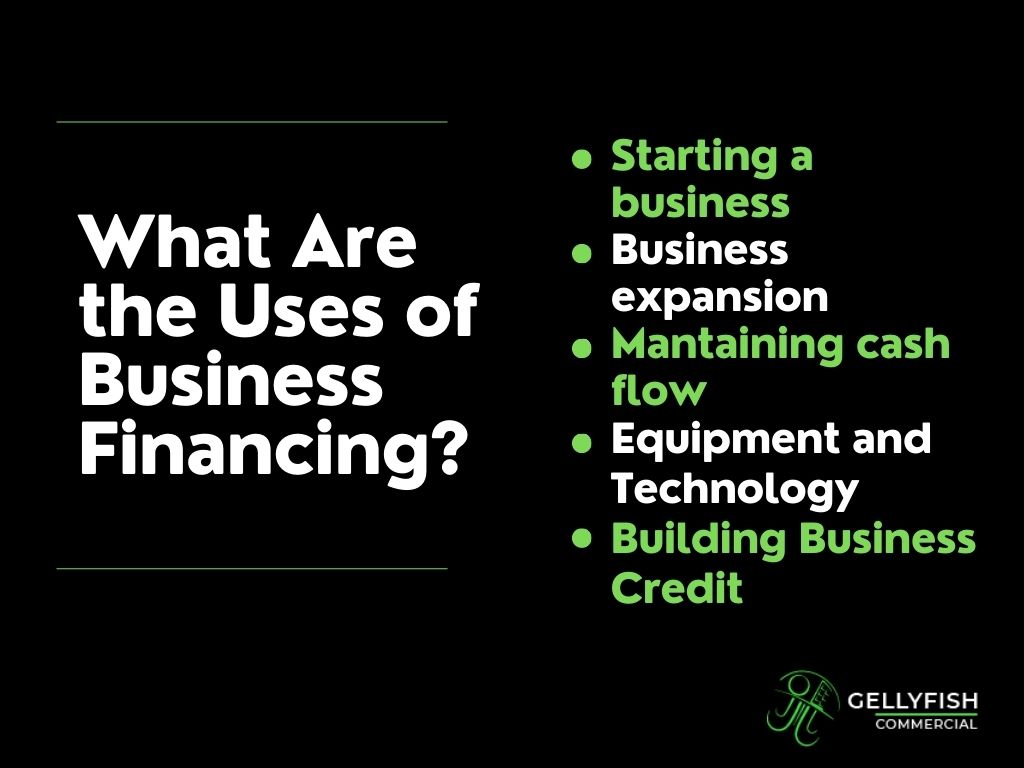 Graphic listing the different uses of business financing.