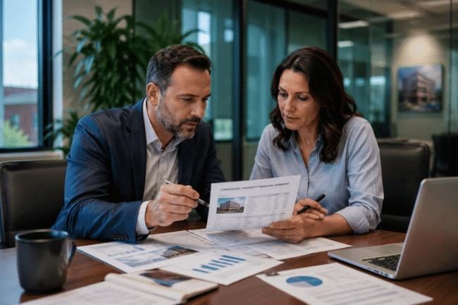 Image-owning-vs-leasing-commercial-property Business owners comparing owning vs leasing commercial property