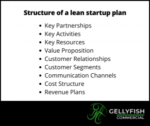 Graphic listing the structure of a lean startup plan: Key partnerships, key activities, key resources, value proposition, customer relationships, customer segments, communication channels, cost structure, and revenue plans.