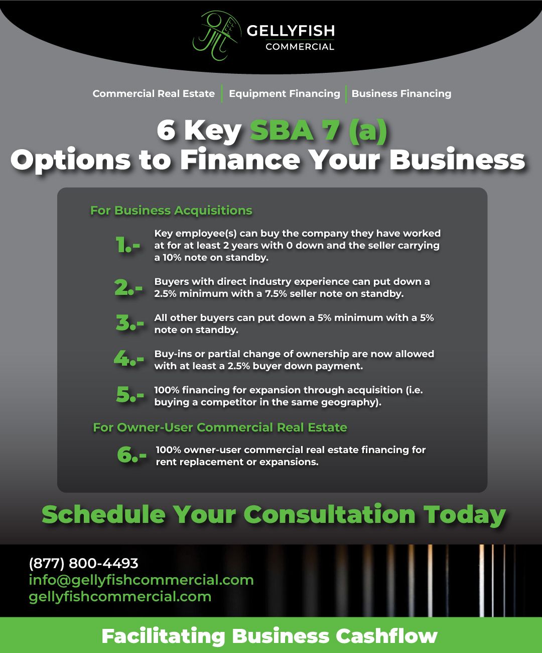 Graphic titled "6 Key SBA 7(a) Options to Finance Your Business"