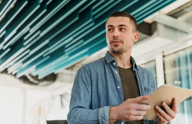 low-angle-businessman-FP Photo of business owner illustrates blog "What Are the Uses of Business Financing?"
